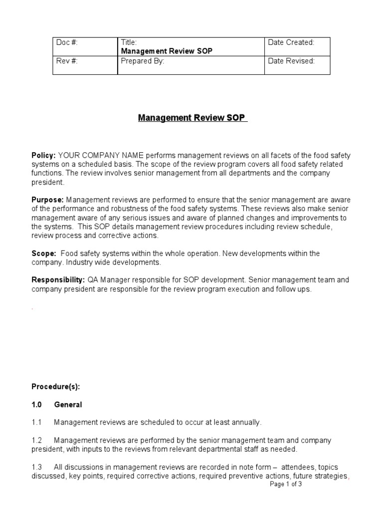 Management Review SOP for Food Safety | PDF | Hazard Analysis And ...