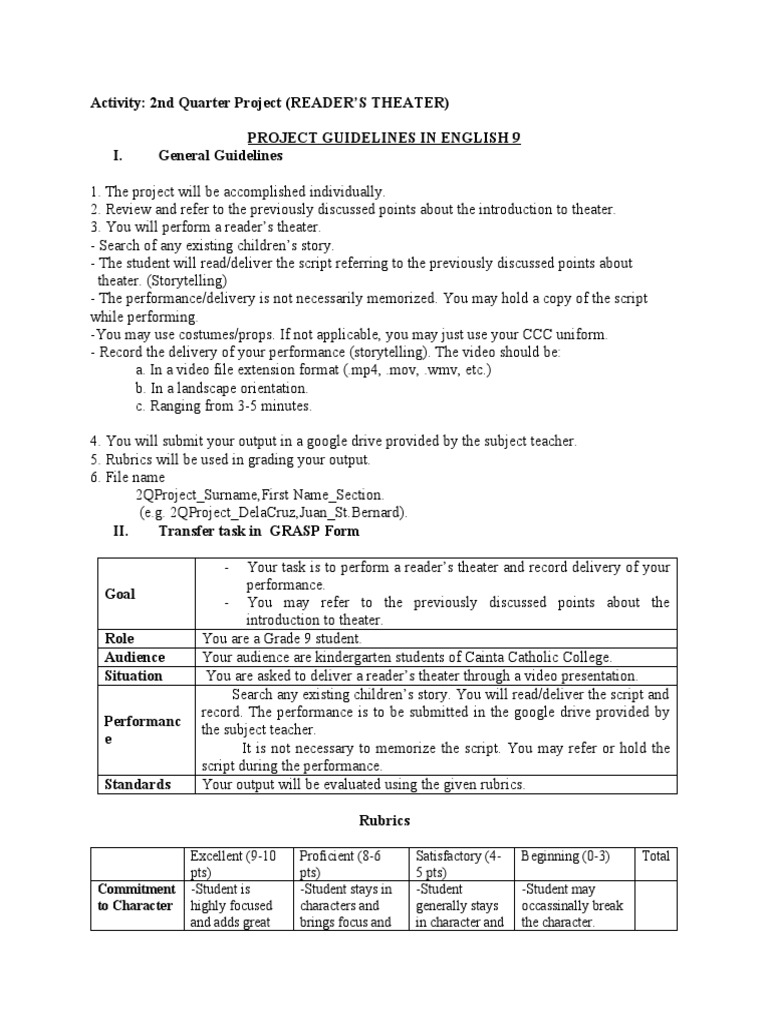 Reader's Theater Project Guidelines | PDF | Human Communication | Cognition