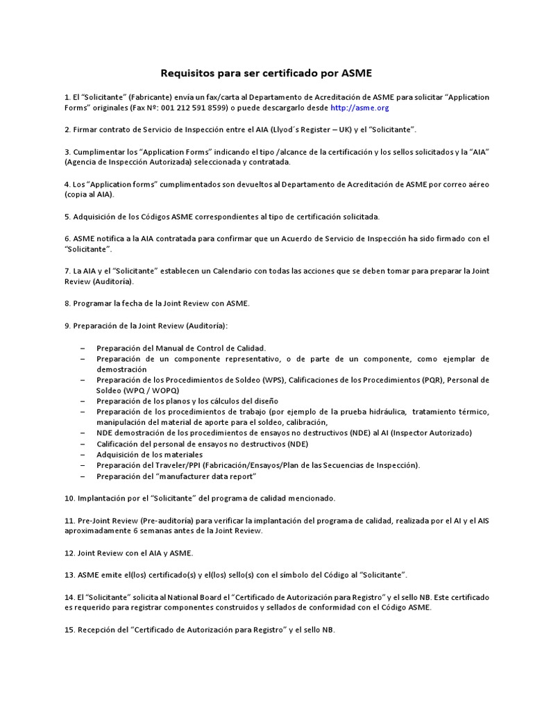 Proceso de Certificación ASME | PDF