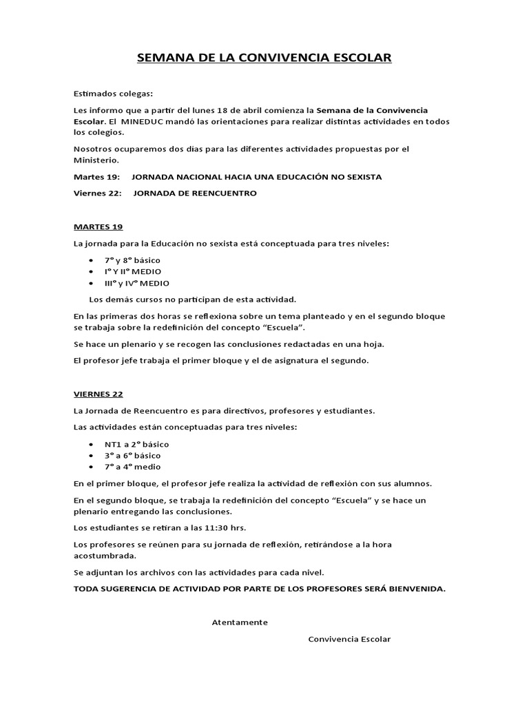 Semana de La Convivencia Escolar | PDF