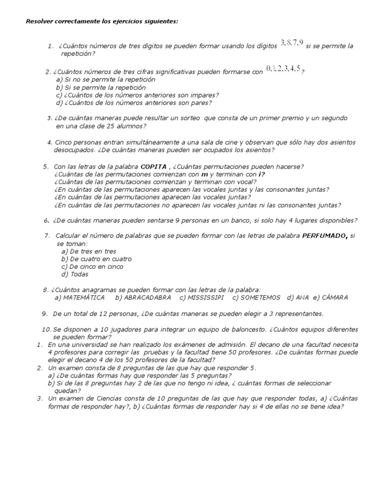 Ejercicios de Combinatoria y Permutaciones | PDF | Permutación | Prueba ...