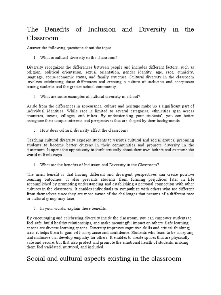 Week 2 the benefits of inclusion and diversity in the classroom