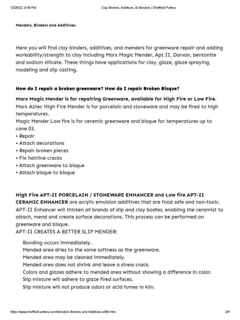 Clay Binders, Additives, & Menders Sheffield Pottery PDF Pottery