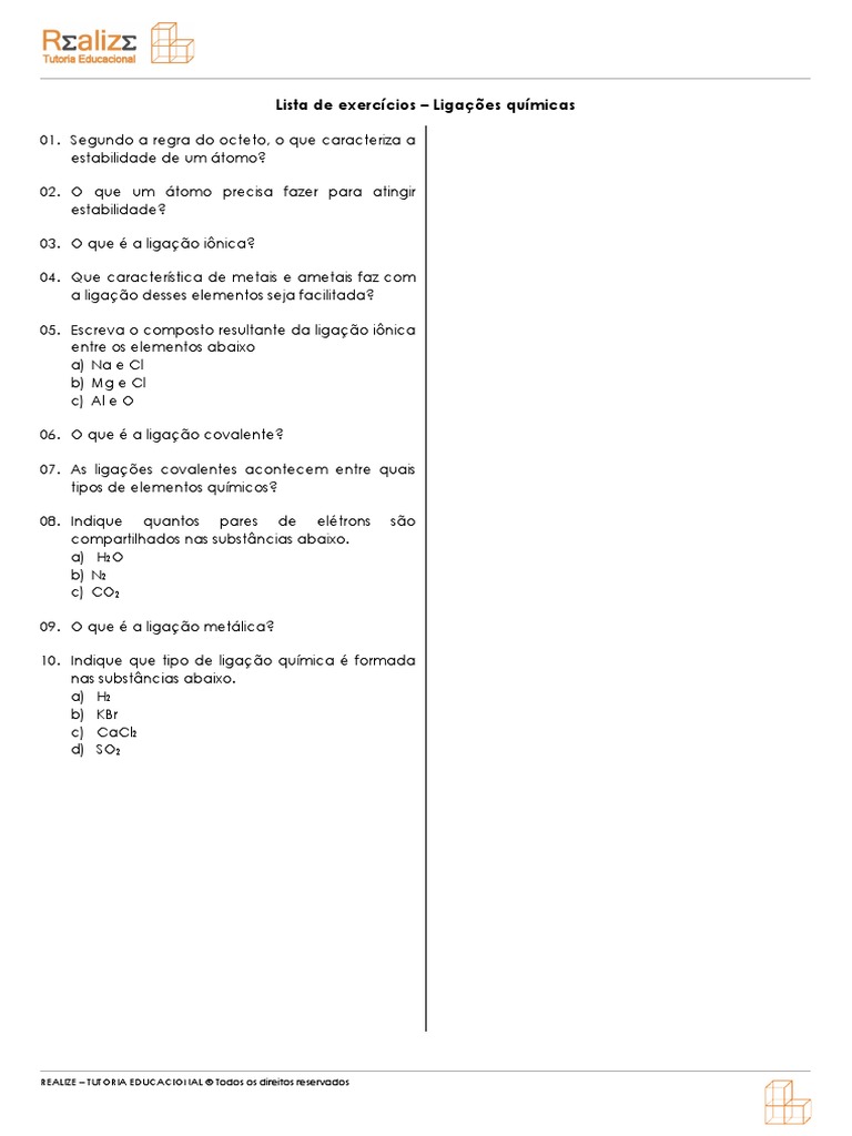 Lista De Exercicios Ligacoes Quimicas Pdf