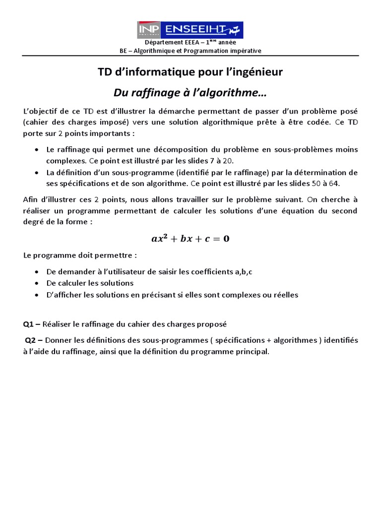 Algorithmes et Raffinage en TD | PDF | Programme informatique ...