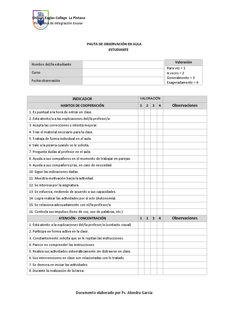 Pauta OBSERVACION ESTUDIANTES PIE | PDF | Salón de clases | Maestros
