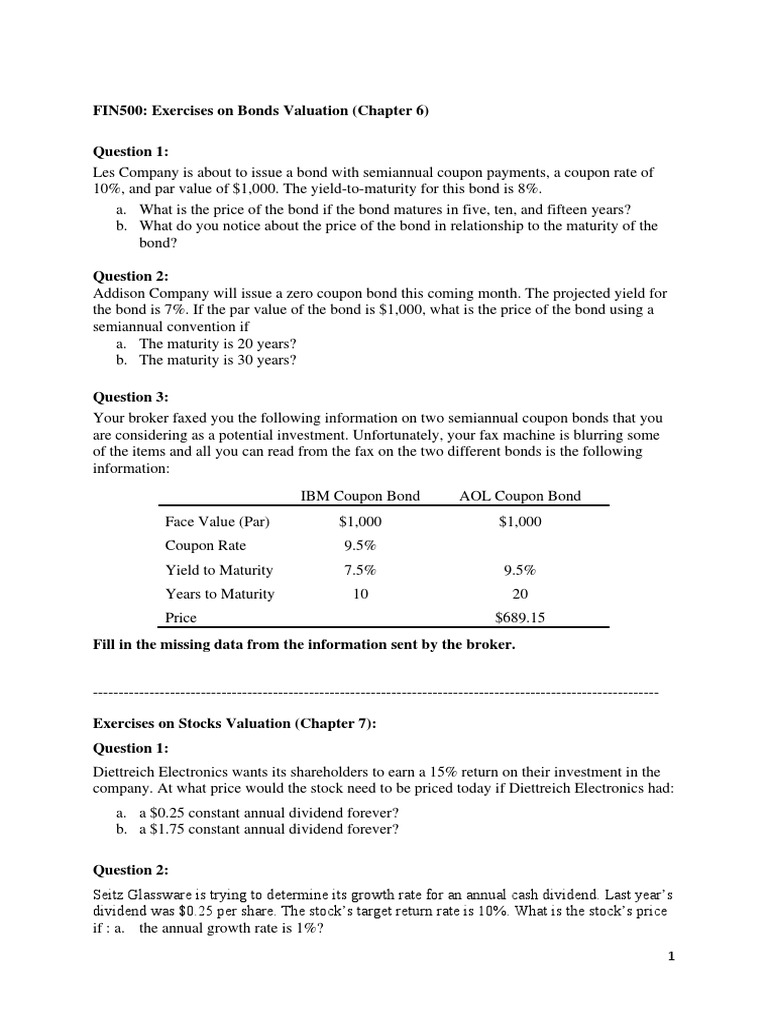 FIN500 Exercises Stock and Bond PDF Bonds (Finance) Stocks