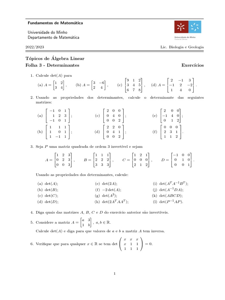 3.z.determinantes Exercicios FM | PDF | Determinante | Sistema de ...
