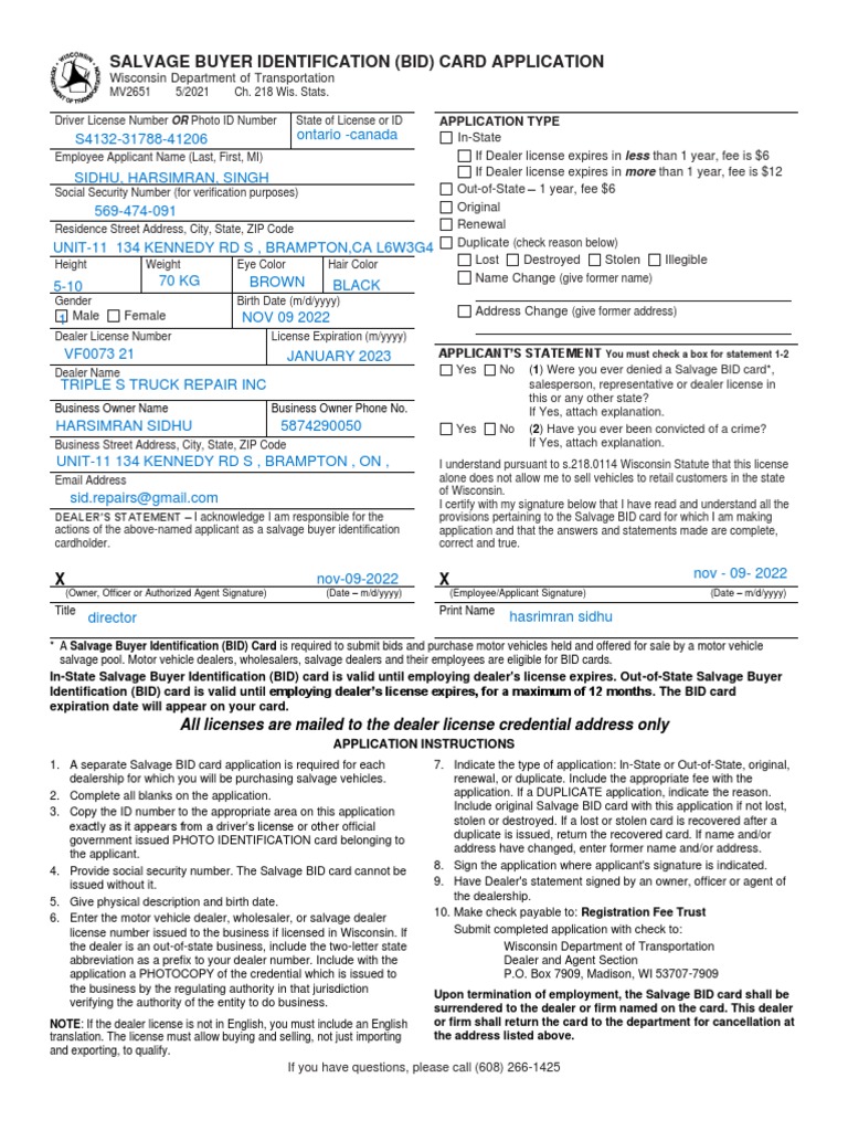 Bid Card Application PDF Identity Document Driver's License