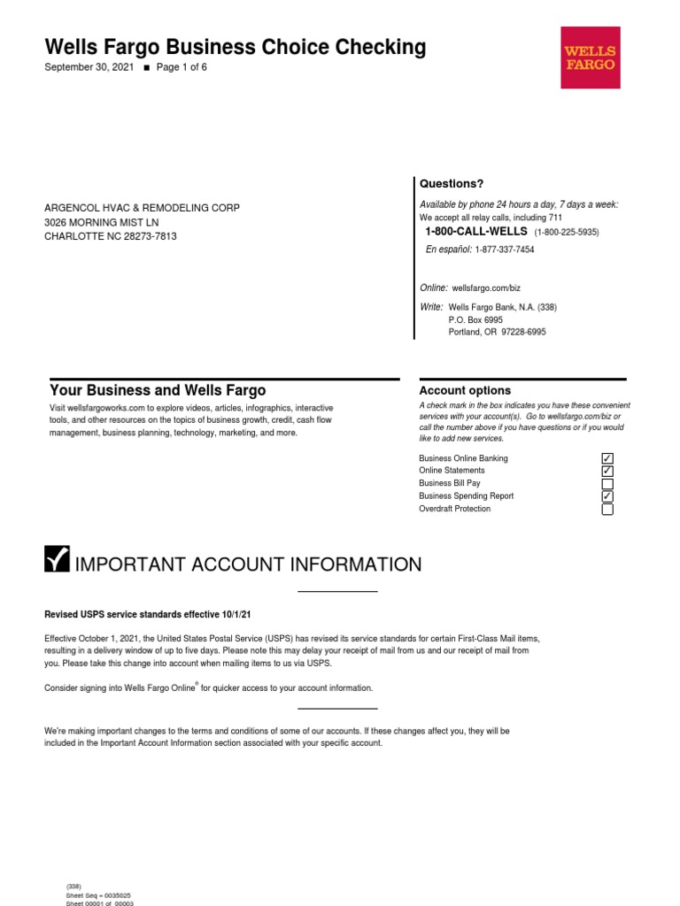 Wells Fargo Statement - Sept 2021 | PDF | Fee | Transaction Account