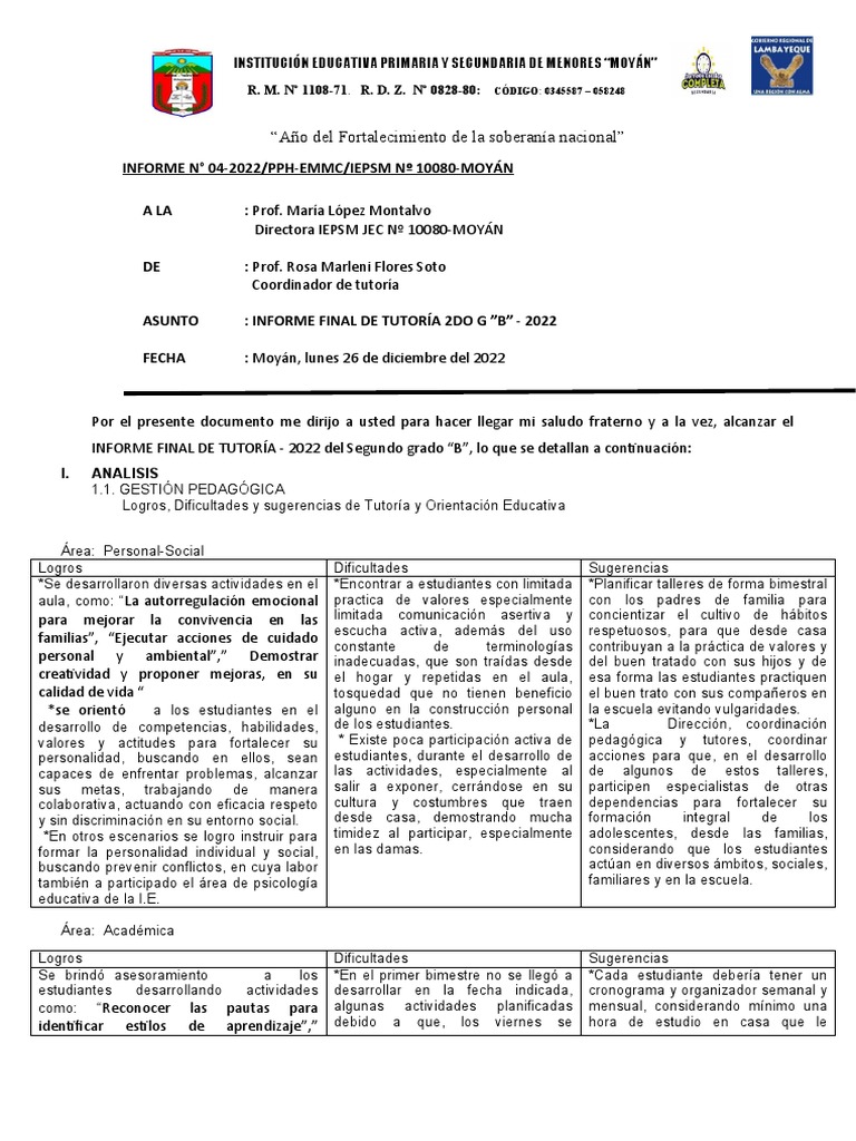 Informe Final de Tutoría 2do Grado "B" | PDF | Aprendizaje | Vegetales