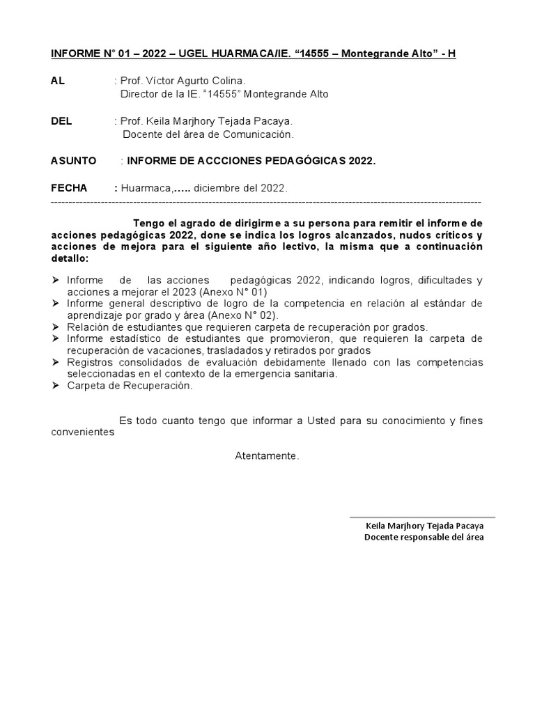 Informe Pedagógico 2022 - IE 14555 | PDF | Evaluación | Aprendizaje
