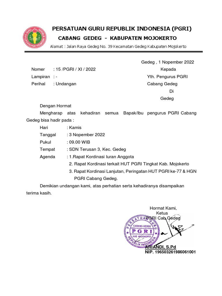 Undangan Rapat PGRI Cabang Gedeg | PDF