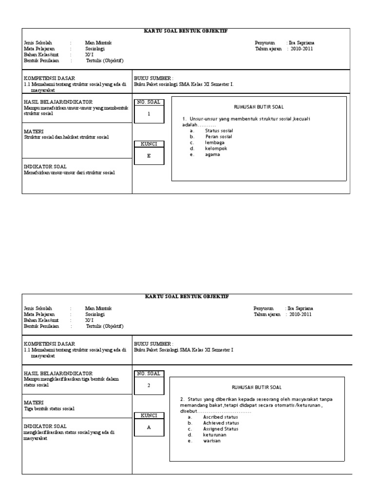 Kartu Soal Bahasa Indonesia Kelas X