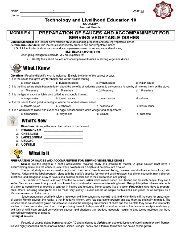 TLE Grade 10: Cookery Module 4 | PDF | Sauce | Foods