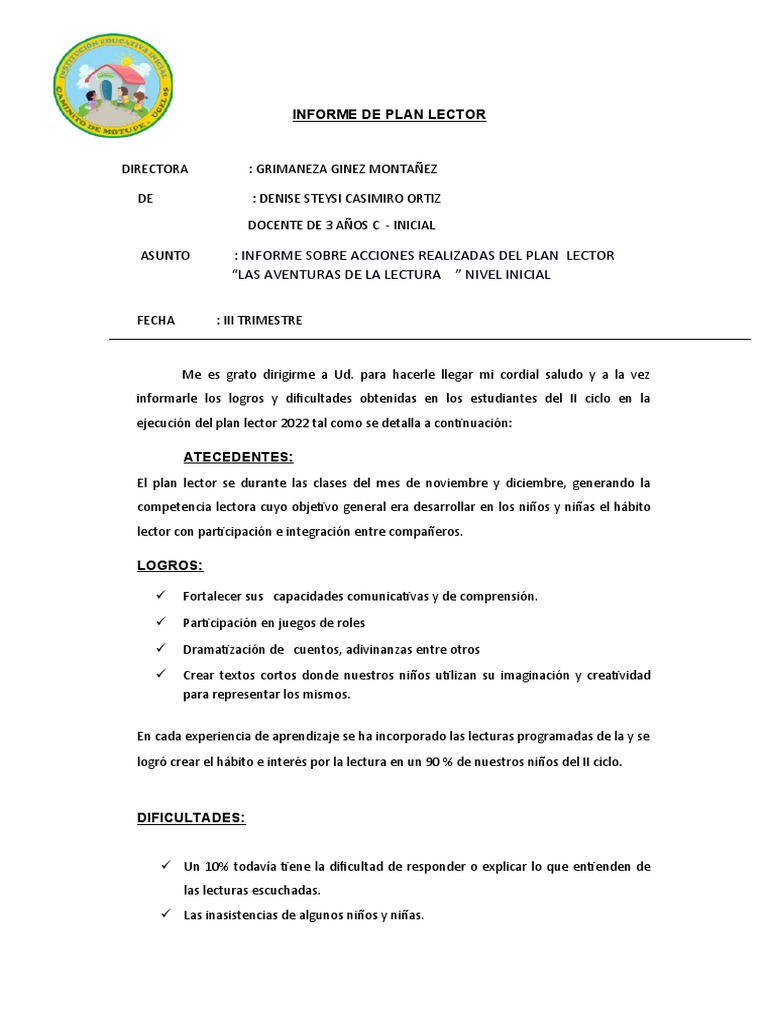 Informe de Plan Lector | PDF | Cognición | Aprendizaje