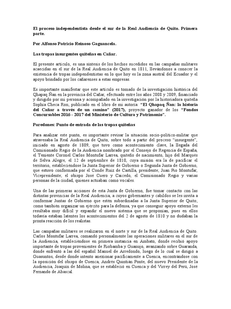 Proceso independentista en el sur de Quito y apoyo cañareño PDF