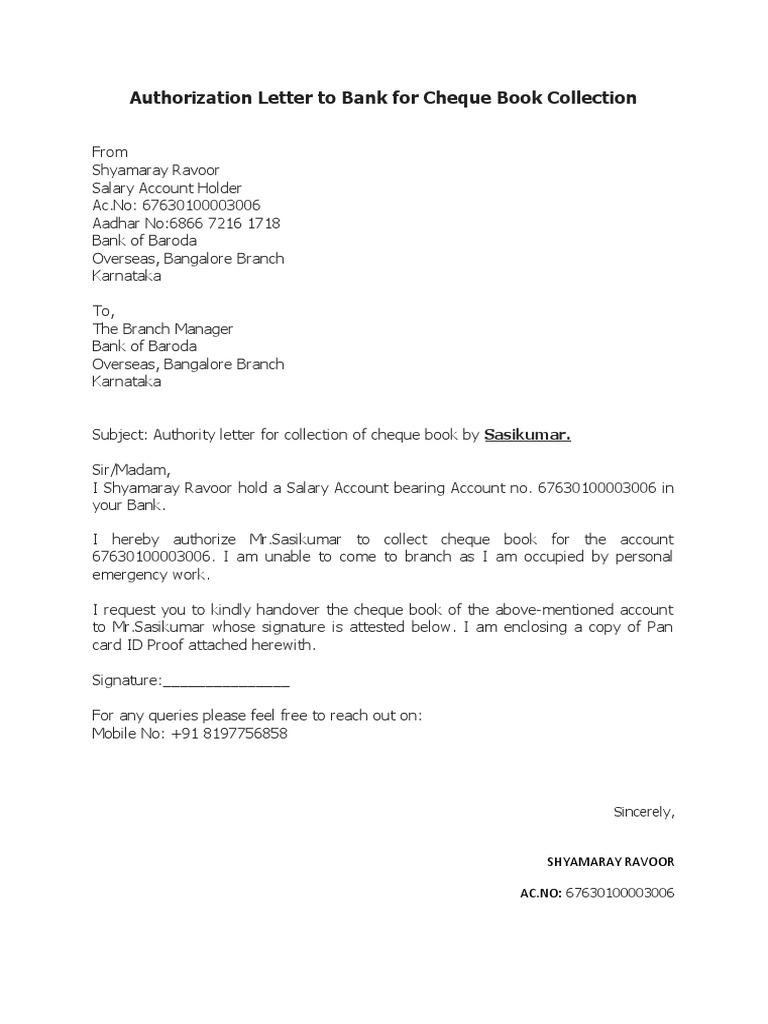 application letter for bank cheque book