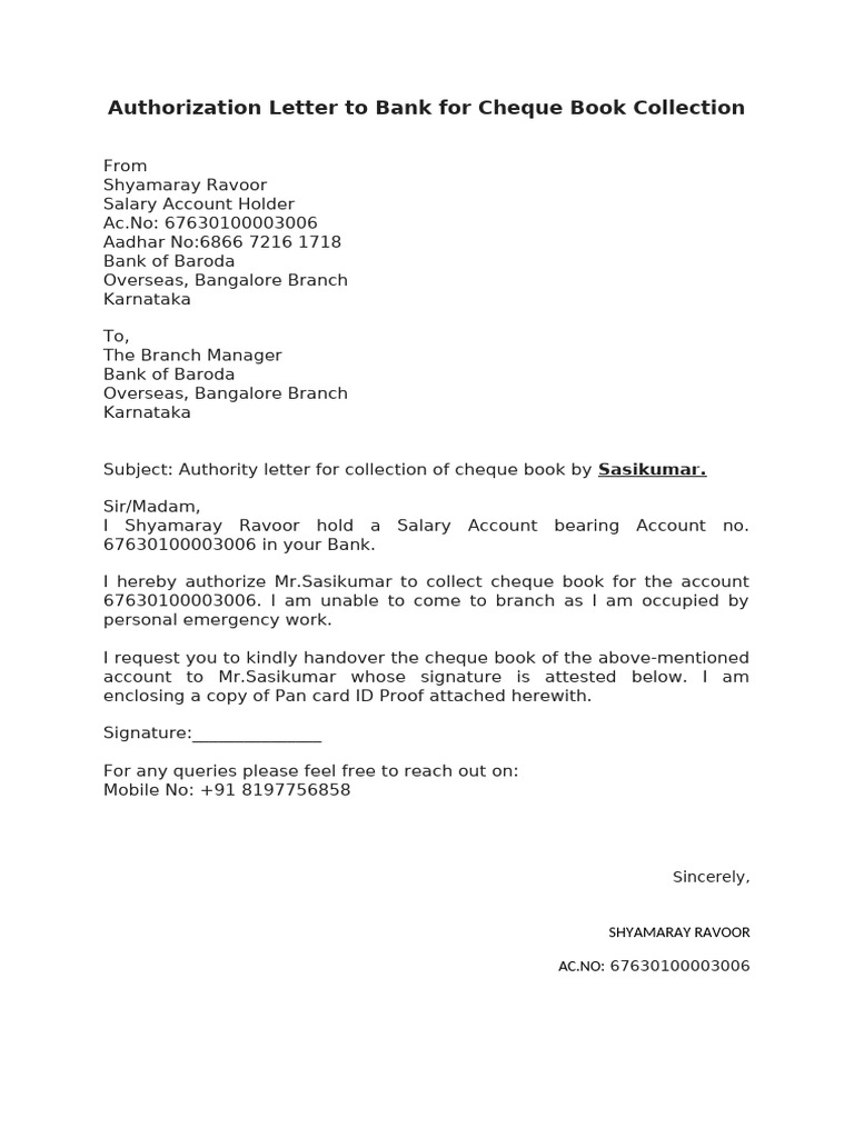 application letter for bank cheque book