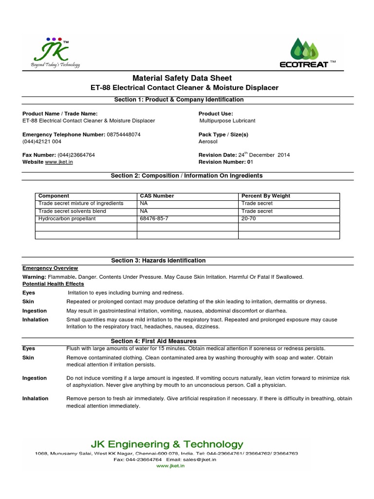 ET88 MSDS Electrical Contact Cleaner & Moisture Displacer PDF