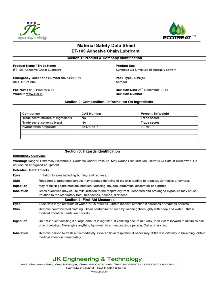 Material Safety Data Sheet for ET103 Adhesive Chain Lubricant PDF