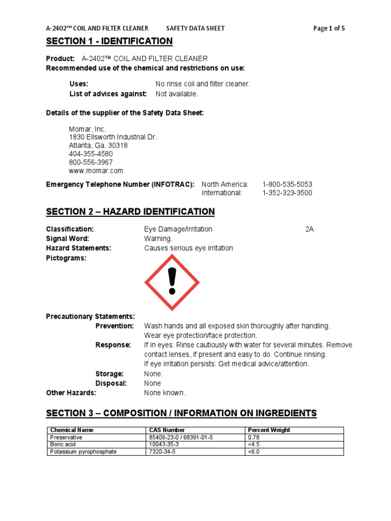 A 2402 Coil and Filter Cleaner MSDS PDF Toxicity Personal