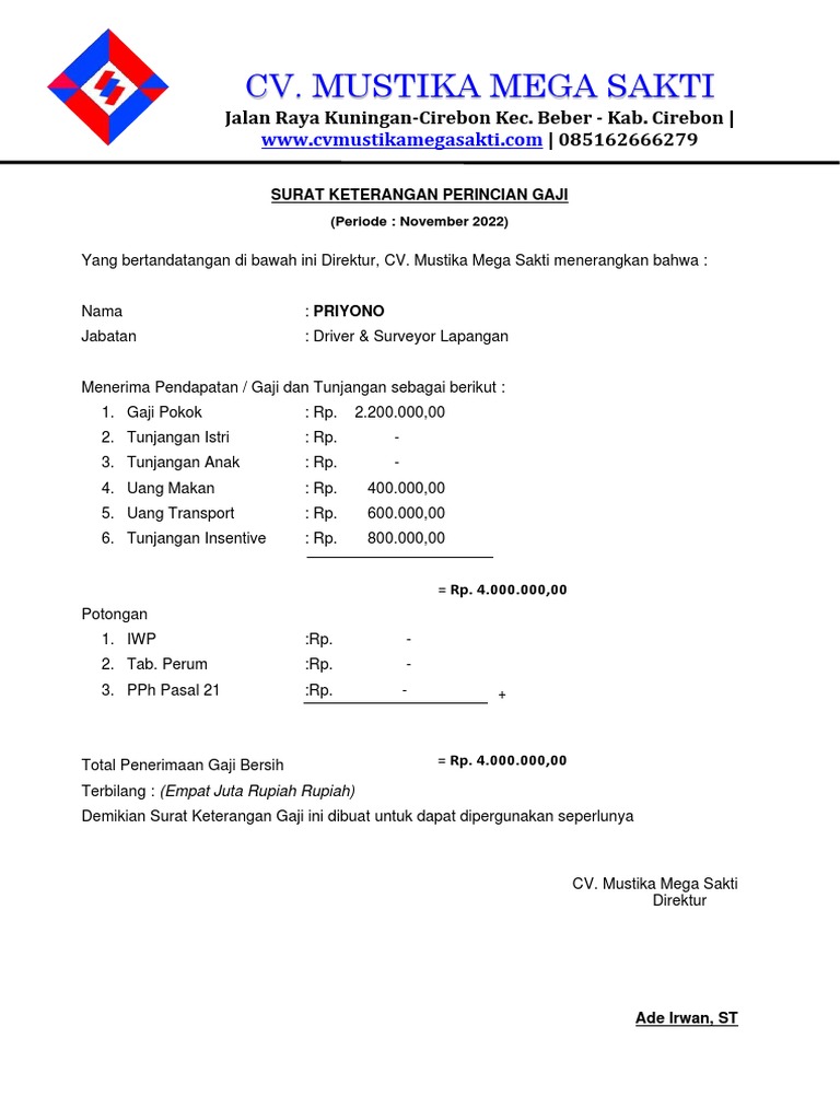 Surat Keterangan Perincian Gaji - Priyono | PDF