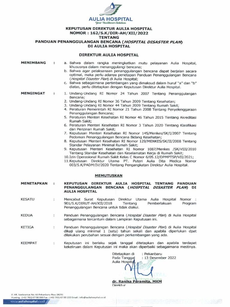 Panduan Penanggulangan Bencana Hospital Disaster Plan Di Aulia