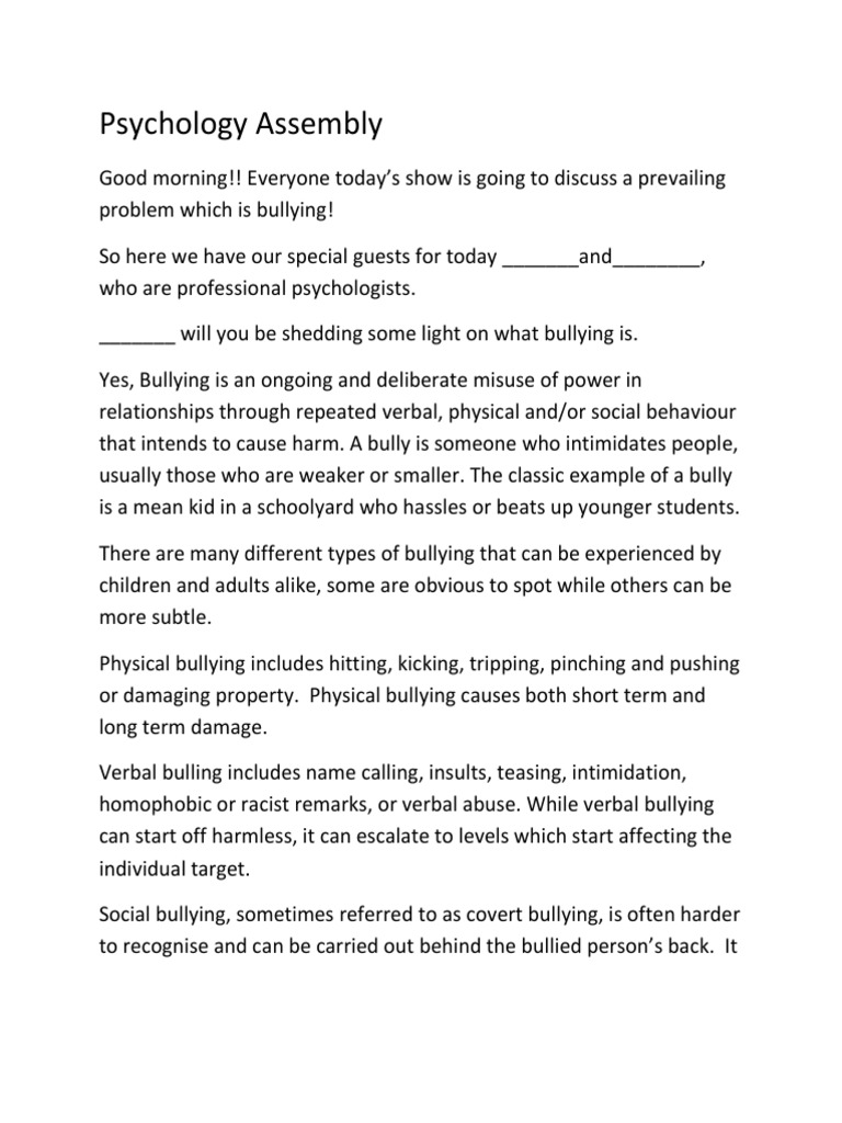 Psychology Script PDF Bullying Cyberbullying