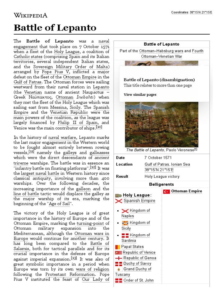 Battle of Lepanto - Wikipedia | PDF