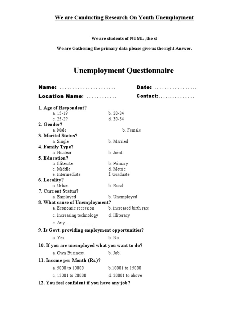 Unemployment Questionnaire  Unemployment  Literacy