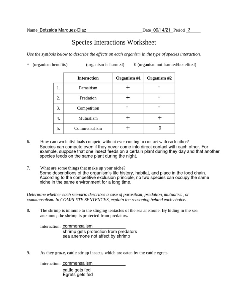 species_interaction_worksheet answers PDF Parasitism Predation
