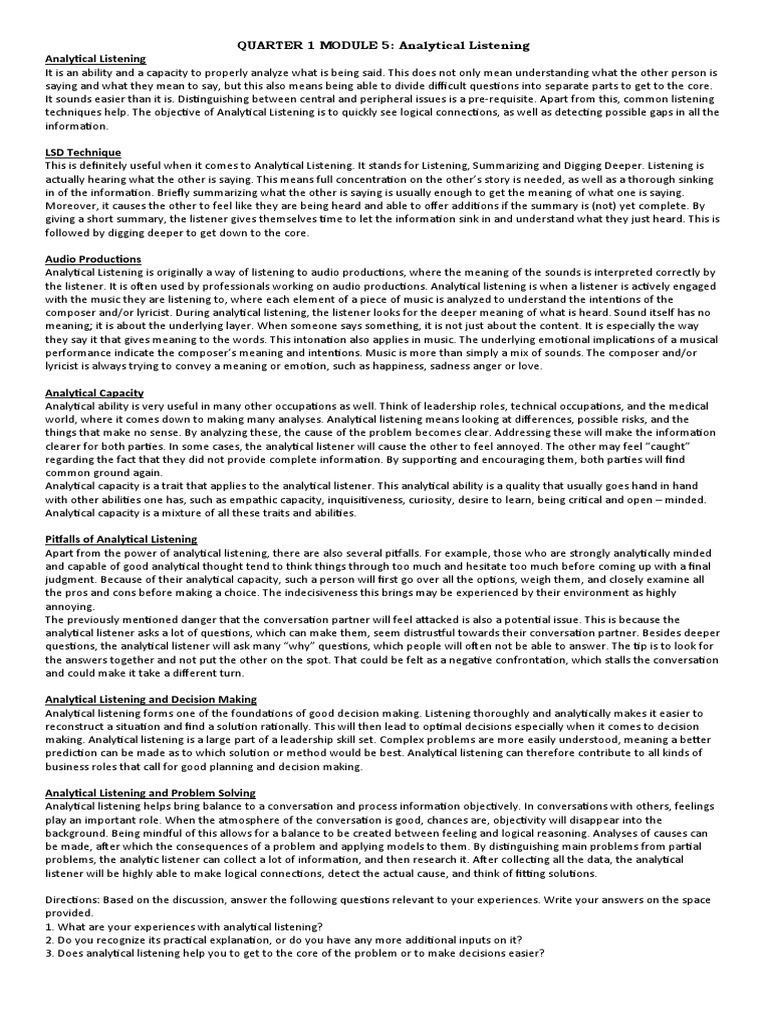 Q1 M5 ANALYTICAL LISTENING Final | PDF | Decision Making | Experience