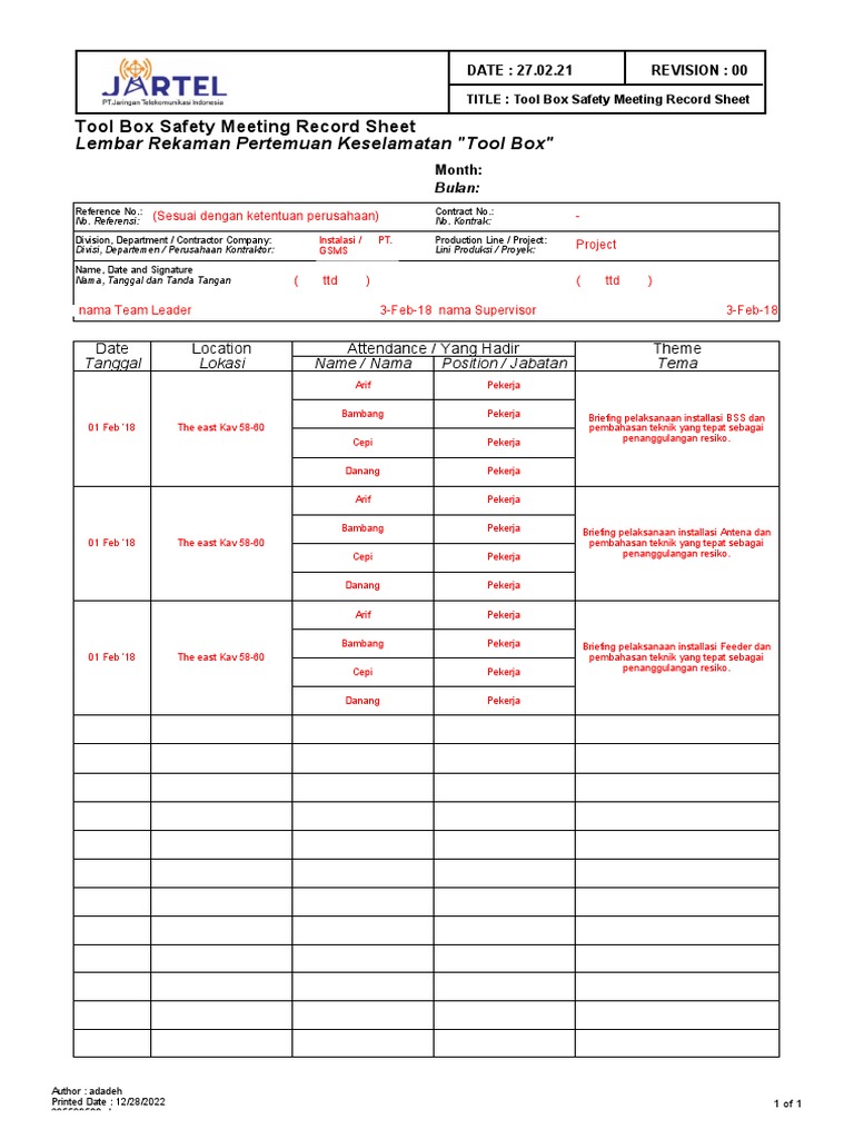 OHSE Tool Box Safety Meeting Record Sheet PDF