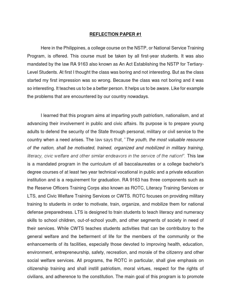 NSTP Reflection: Patriotism and Growth | PDF | Literacy | Reserve ...