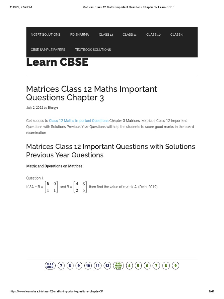Matrices Class 12 Maths Important Questions Chapter 3 Learn CBSE Download Free PDF Matrix
