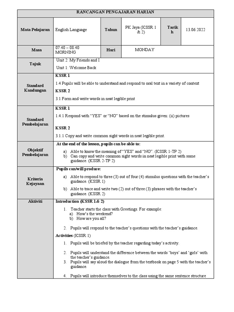 English KSSR 1 & 2 Class Jaya 13 June 2022 | PDF | English Language ...