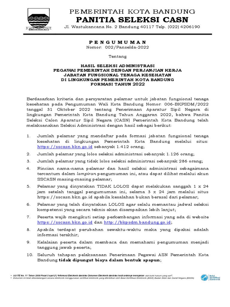 Pengumuman Hasil Seleksi Adm Pppk Pdf