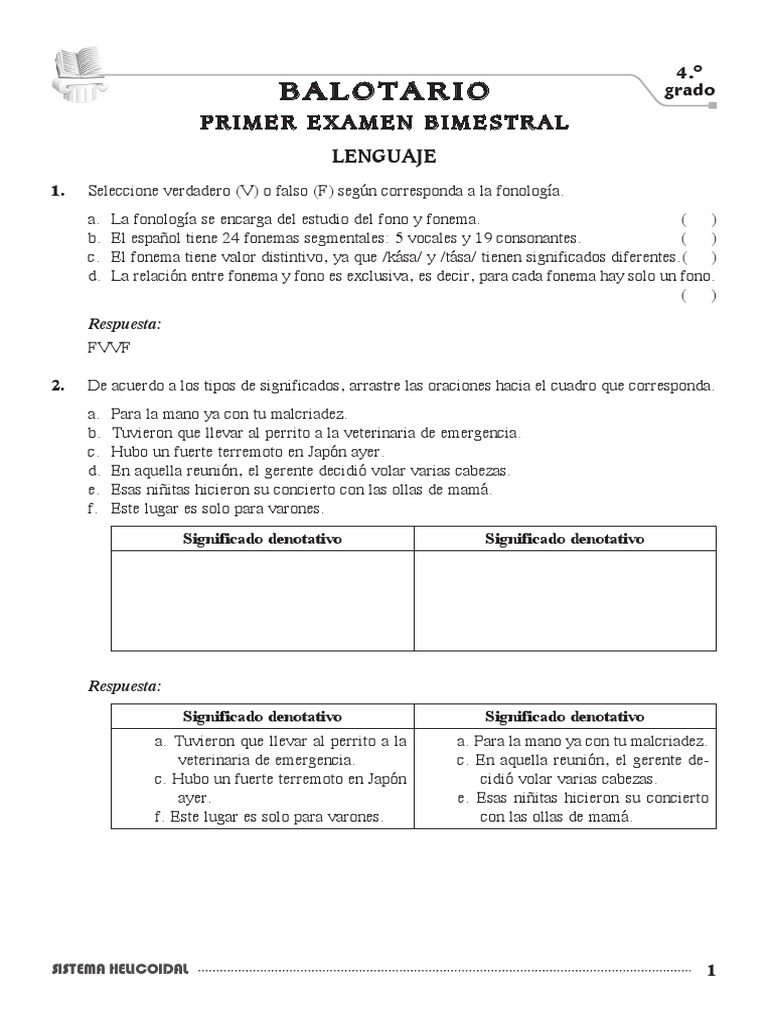 Resultados del primer examen bimestral de lenguaje para 4to grado | PDF ...