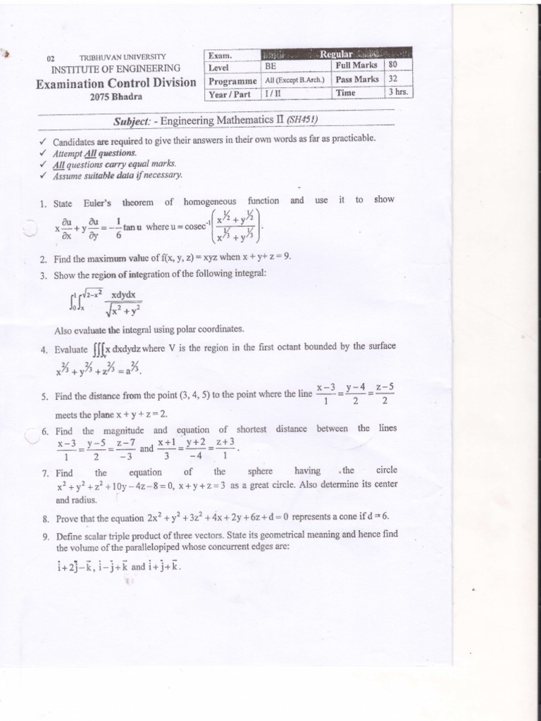 Engineering Mathematics II Exam Questions | PDF | Sphere | Equations
