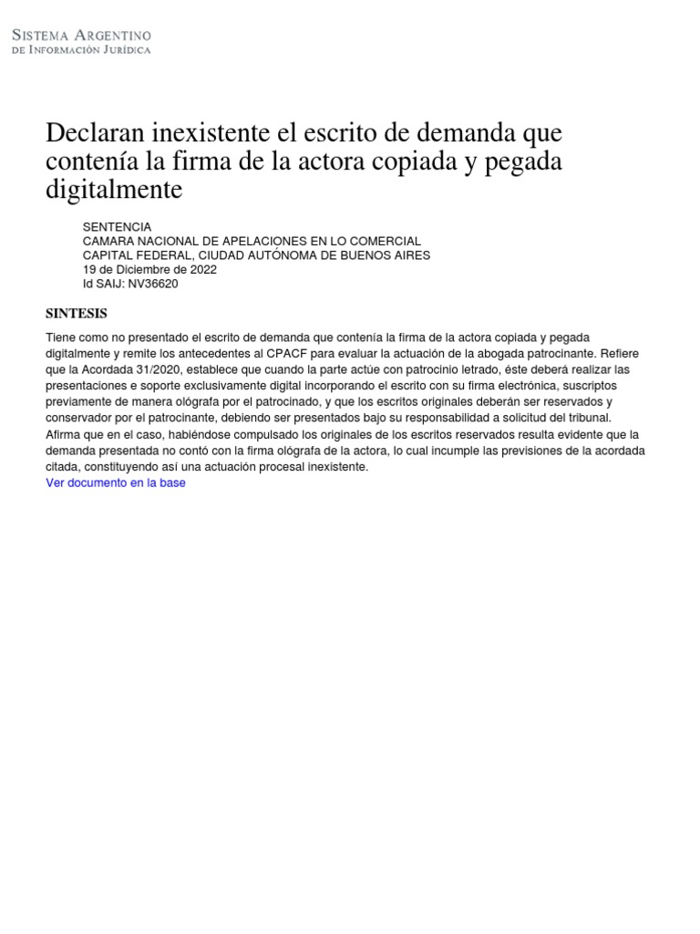 Declaran Inexistente El Escrito de Demanda Que Contenía La Firma de La ...