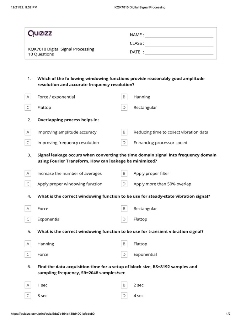 Digital Signal Processing Quiz PDF