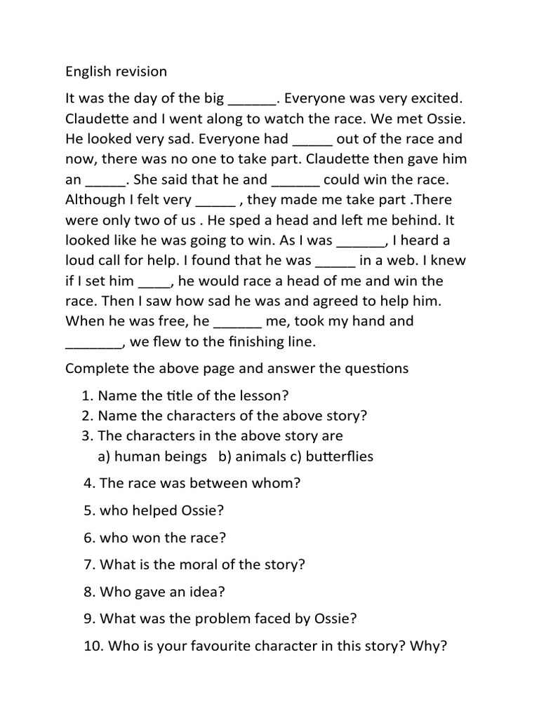 English Revision The Big Race Comprehension PDF