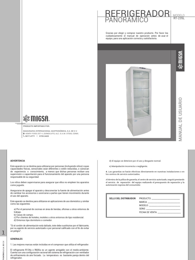 Manual Del Usuario Migsa RT 235L Refrigerador de Exhibicion Panoramica ...