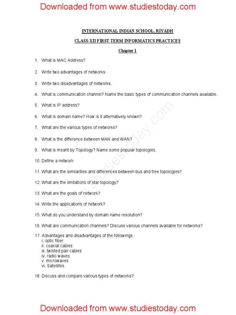 CBSE Class 12 Informatics Practices Worksheet All Chapters | PDF ...