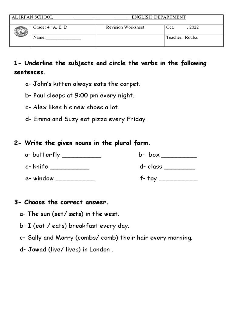 Grade 4 Revision Worksheet Pdf