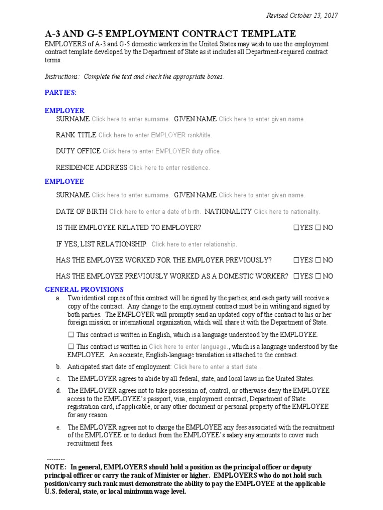 A-3 and G-5 Domestic Worker Contract Template | PDF | Employment | Overtime
