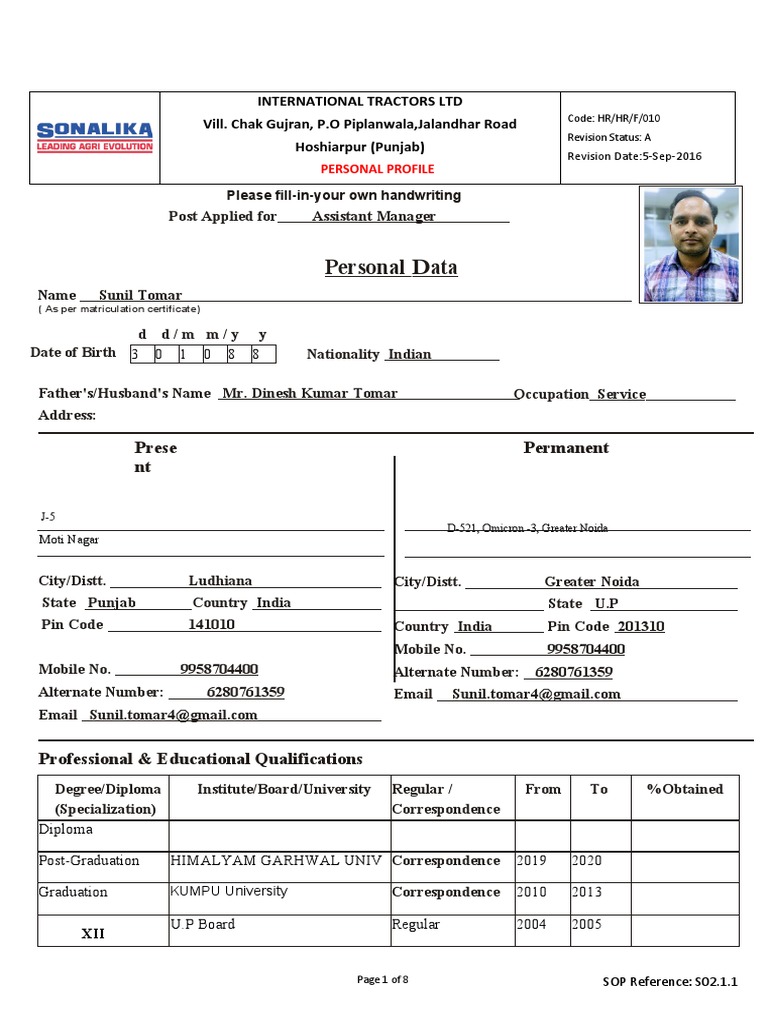 Personal Profile Form (2) 3 PDF Tractor Economies