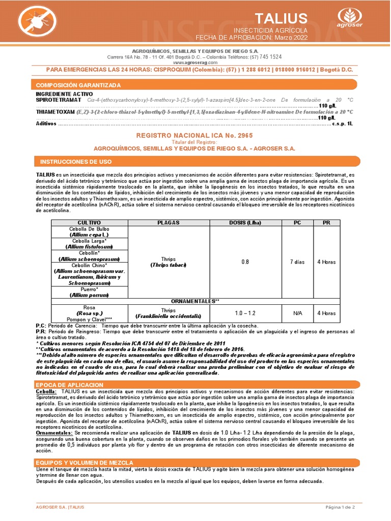 Ficha Técnica de Talius Insecticida | PDF | Acetilcolina | Pesticida