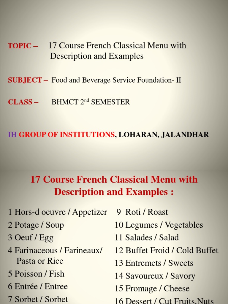 Topic 17 Courses of French Classical Menu PDF Hors D #39 oeuvre Soup
